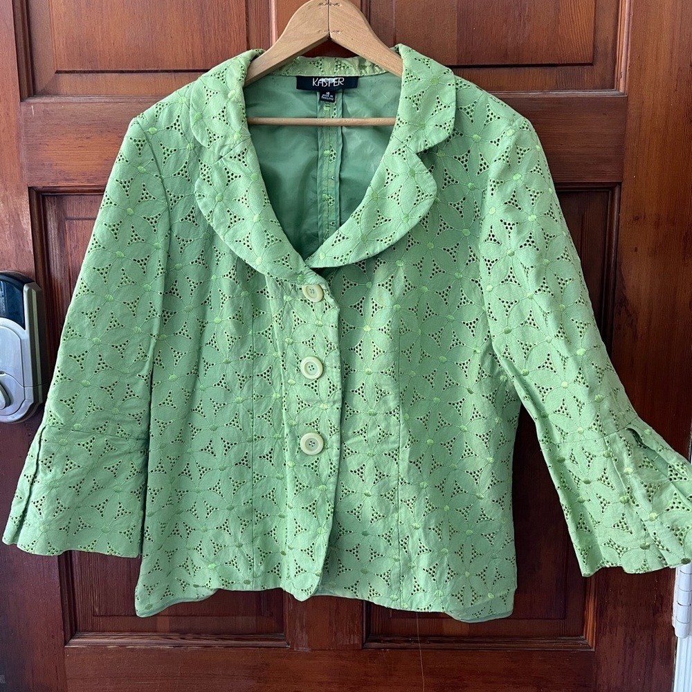 Kasper Sage Green Eyelet Blazer Linen Blend Jacket Size 16 Cottagecore Spring